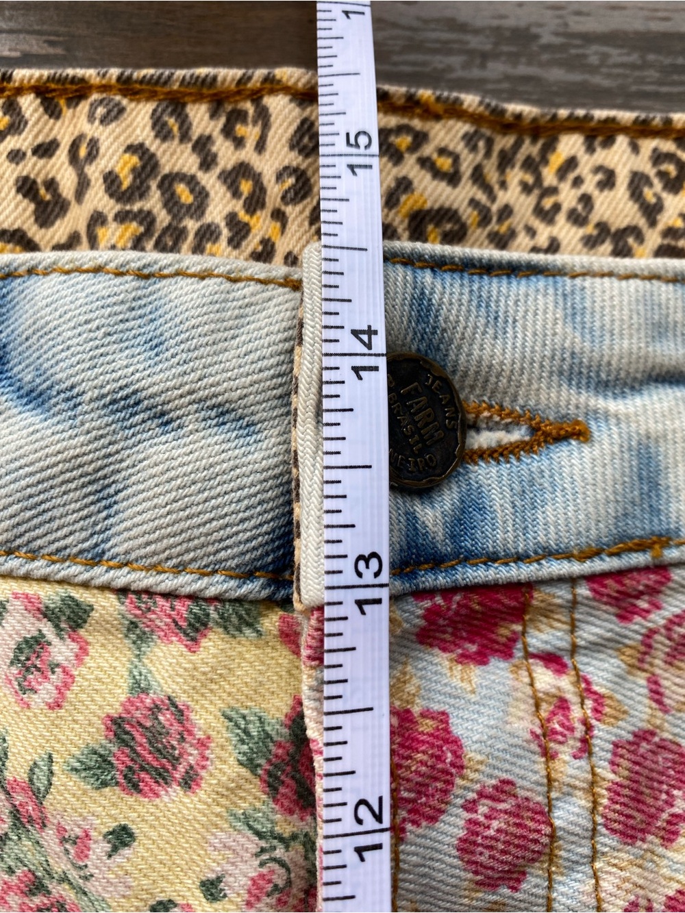 Anthropologie Floral Patchwork High-Rise Denim Shorts - Yellow/Blue - Picture 8 of 10